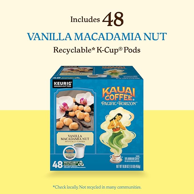 Kauai Coffee K-Cup Pods for Keurig Brewers – Arabica Coffee, 10% Hawaiian – Medium Roast, Vanilla Beans with Toasted Macabamia Nuts – Vanilla Macadamia Nut, 1 Pack of 48 Single Serve K-Cups