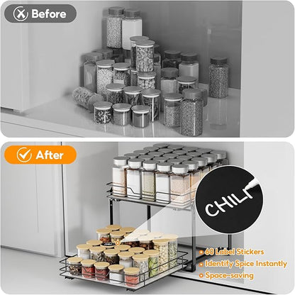 Spice Rack Organizer for Cabinet, 2 Tier Pull Out Spice Rack – Heavy Duty Metal Spice Organization for Cabinet, 50-Jar Capacity, Height Adjustable Cabinet Organizer (11.5W" X 10.5"D X 9"H, Black)