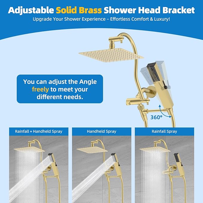 Hibbent All Metal Shower Head, 10'' High Pressure Rainfall Shower Head, Showerhead Combo, Handheld Shower Wand, 12'' Adjustable Curved Shower Extension Arm, 71'' Hose, Shower Holder, Brushed Gold