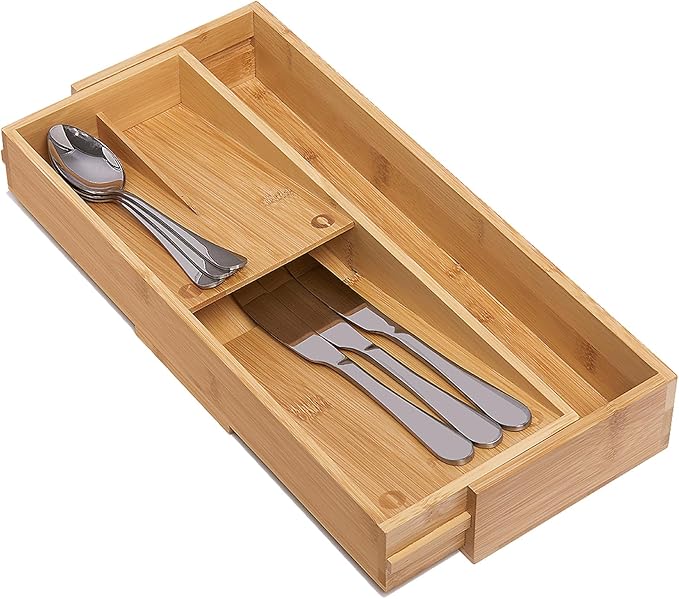 Bamboo Kitchen Drawer Organizer, Silverware Organizer Expandable Utensil Holder with Removable Knife Block, Cutlery Tray with Drawer Dividers for Kitchen Utensils and Flatware