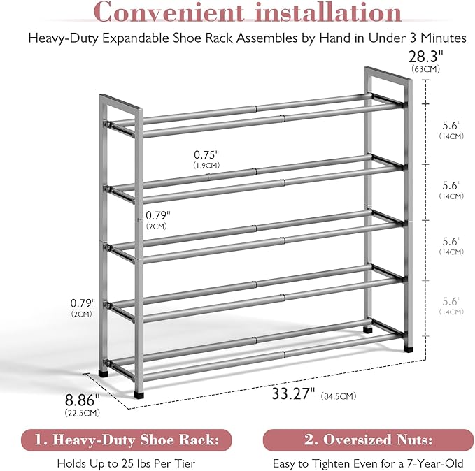 Bumusty 5-Tier Expandable Shoe Rack for Closet, 18“-33” Adjustable Shoe Rack for Small Space, Small Shoe Organizer for Front Door, Sturdy Metal, Light Grey