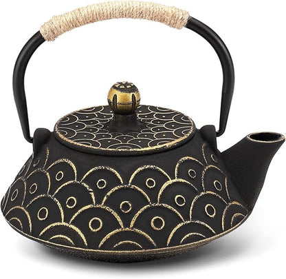 Japanese Tea Kettle Cast Iron Teapot, Teapot Infuser Strainer Set Chinese Black with Gold Wave Pattern with Stainless Steel Filter 30oz/0.9L