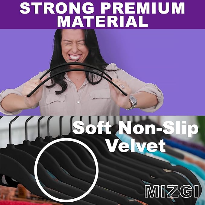 MIZGI Premium Velvet Hangers (60 Pack) Heavy Duty - Non Slip Felt Hangers- Velvet Suit Hanger Black - Black Coated Hooks,Space Saving Clothes Hangers