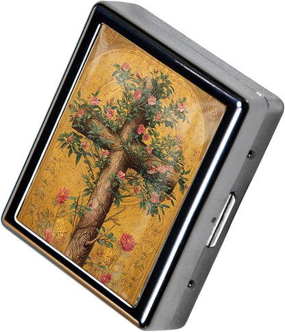 8‑Compartment Metal Pill Box Organizer – Portable Medicine Case 3″×2.6″ | Food‑Grade Dividers | Secure Snap Button Lid | Travel & Gift for Seniors (Floral Cross of Life)