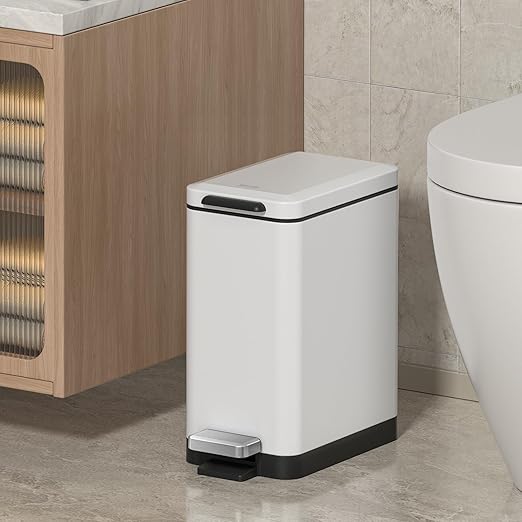 Mbillion Bathroom Trash Can with Lid Slim Stainless Steel Small Bathroom Garbage Can 10 Liter, 2.6 Gallon Soft Close, Step Pedal, Slim Wastebasket for Toilet, Office, Bedroom, White