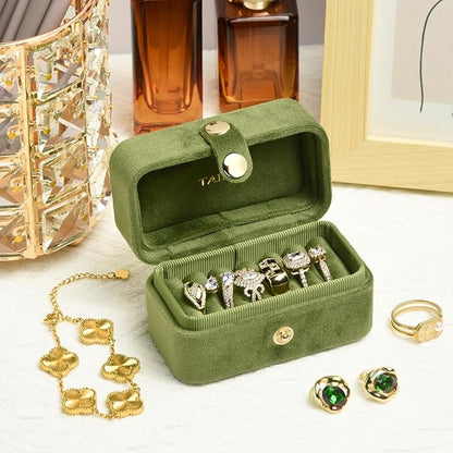 Travel Jewelry Case, Portable Pocket Size Small Plush Velvet Ring Box for Women, Mini Ring Holder and Organizer with 7 slots for purse(Avocado Green)
