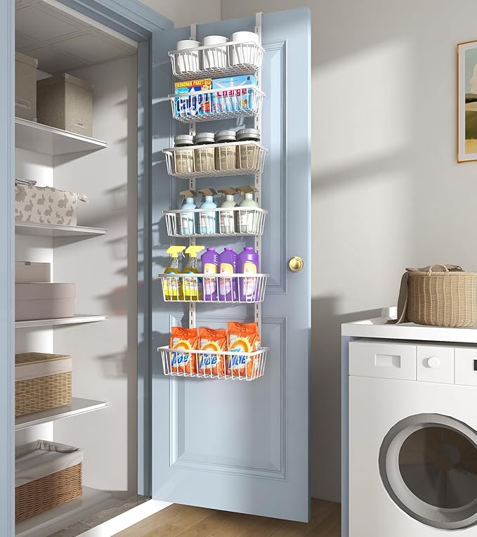 12 Inch Wide Narrow Over The Door Pantry Organizer, Pantry Organization and Storage, 6-Tier Metal Hanging Deep Basket Wall Spice Rack Seasoning Shelves, Home & Kitchen Essentials, White