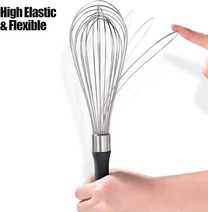 18/8 Stainless Steel Balloon Whisk, Doosu Kitchen Whisk for Cooking Handheld Egg Beater with Rust-Proof Sturdy Wires & Non-Slip Silicone Handle for Beating, Stirring, Blending (12 Wires, Black)