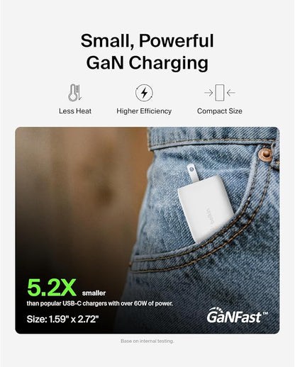 Belkin 65W Dual USB C Charger Block, Super Fast Charging PD3.0 w/ GaN Technology - Samsung Galaxy S25, Apple iPhone 17, Air, Pro, Pro Max, iPad, MacBook, AirPods, Nintendo Switch 2 & More - White