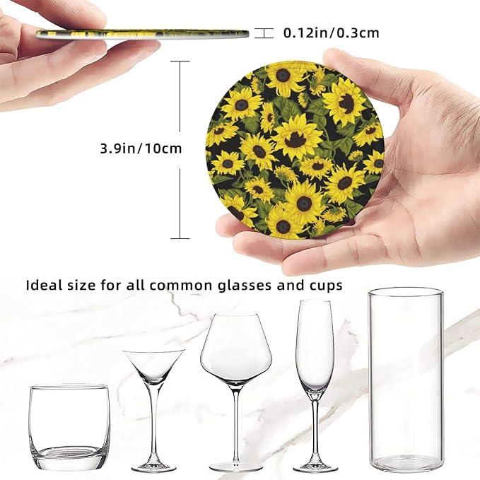 Drink Coasters with Holder Stand Set of 6, Sunflower Pu Leather Absorbent
