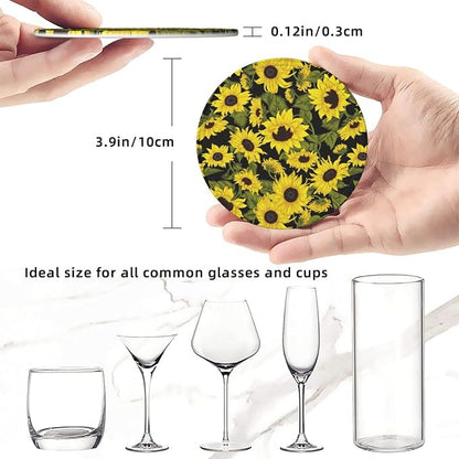Drink Coasters with Holder Stand Set of 6, Sunflower Pu Leather Absorbent