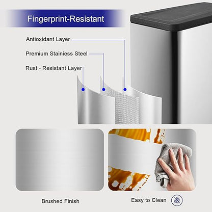 12 Gallon Trash Can, Stainless Steel Trash Can with Fingerprint-Resistant, Removal Inner Buck &Soft Close Plastic Lid, Step Garbage Can for Kitchen and Office, 45 Liter Capacity