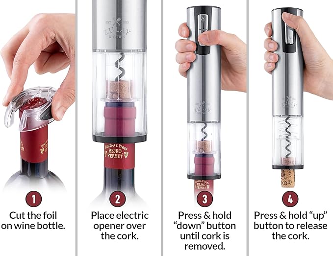 Zulay Kitchen Electric Wine Opener With Charging Base - 3-In-1 Automatic Wine Bottle Opener & Foil Cutter - Rechargeable Wine Opener Electric For Smooth & Fast Uncorking