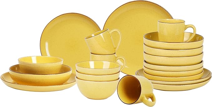 HomeVSS 20-Piece Dinnerware Set - Serves 4, Bright Glaze Yellow plates and bowls sets with Speckle Effect for Microwave & Dishwasher Safe