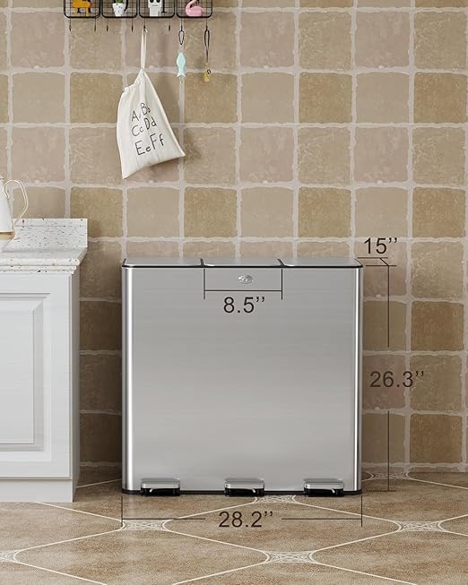 90L/3 x 7.9 Gal Trash Can,Three-Compartment Pedal Stainless Steel Kitchen Recycling Trash Can with Odor Seal, Hands-Free Foot Operated Waste Bin for Home, Office, Restaurant, School, Hospital