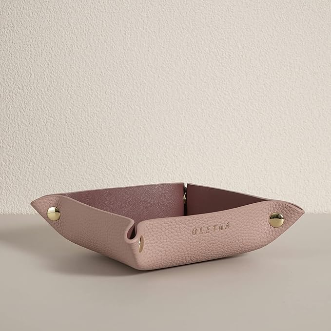 OLETHA Small Foldable Valet Tray - Aesthetic Desk Organizer for Home, Office & Travel - Portable Catch All Bowl for Keys, Jewelry & Essentials - Pink