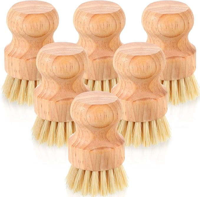 Nuenen 6 Packs Bamboo Dish Scrub Brushes Wooden Scrubbers Set Kitchen Dishwashing Scrubber with Natural Sisal Bristles for Iron Pot Pan Sink