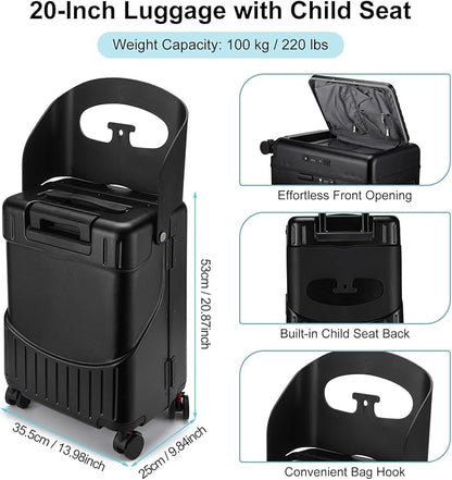 20 Inch Ride on Luggage with Seat for Kids Top Opening Aluminum Frame Suitcase with Spinner Wheels Locks for Travel(Black)