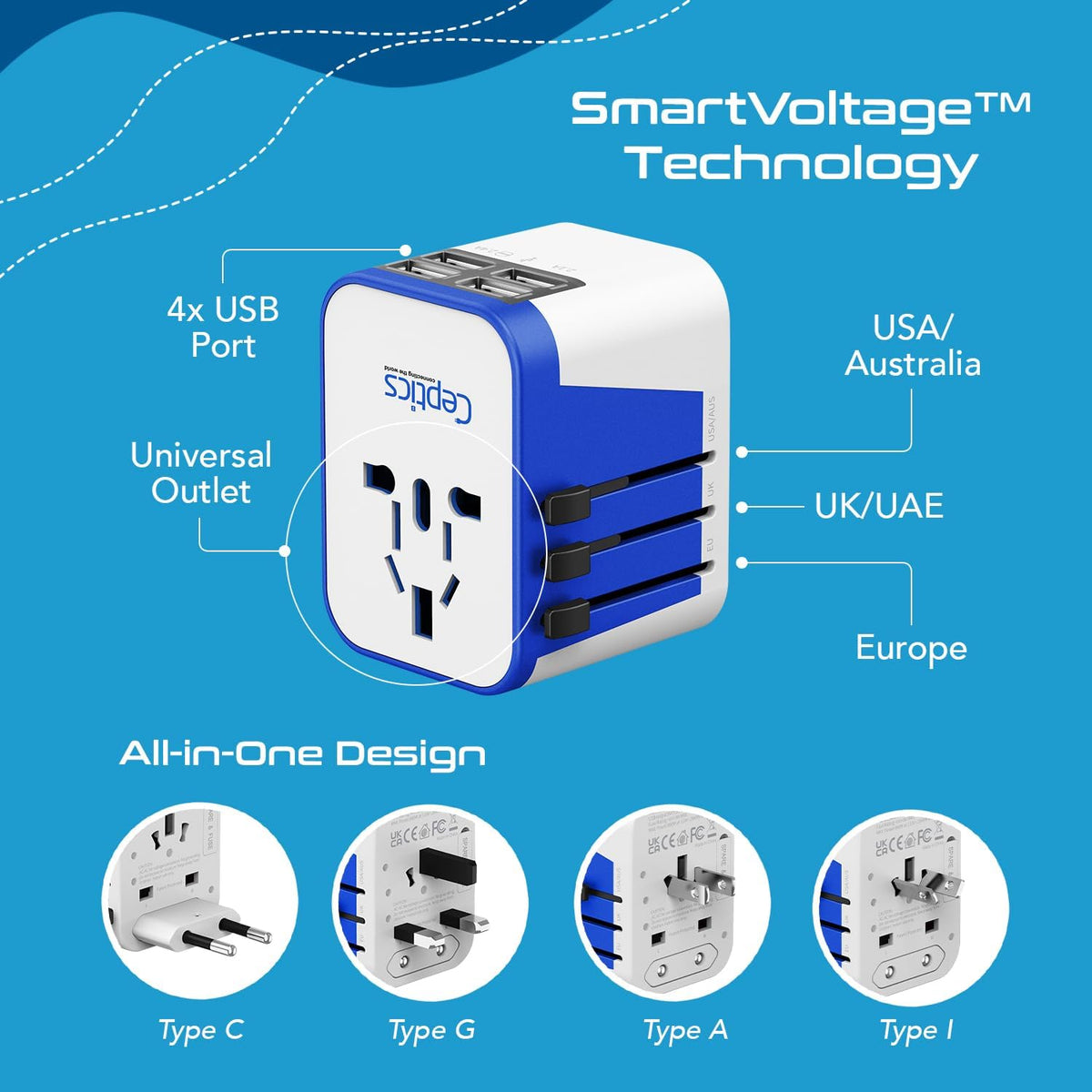 Ceptics Universal Travel Adapter Plug World Power W/ 4 USB Ports - Charge Cell Phones, Smart Watches, iPhones - For International Europe, China, UK, UAE, Australia - Type A, C, G, I