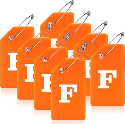 8 Pcs Luggage Tags for Suitcases, 26 Initial Letter Travel Luggage Baggage Identification Labels ID Tags Fully Bendable Tags with Stainless Steel Loop (Letter F, Orange)