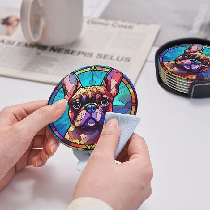 French Bulldog Stained Dog Breed Glass Art Leather Drinks Coasters