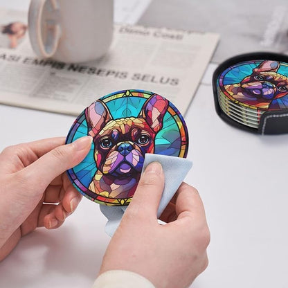French Bulldog Stained Dog Breed Glass Art Leather Drinks Coasters