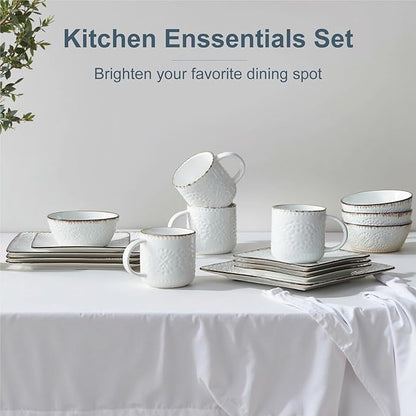 ONEMORE Ceramic Dinnerware Set, 16PCS Square Plates, Bowls & Cups Set - Scratch Resistant, Dishwasher Safe Kitchen Dishes, Ceramy White