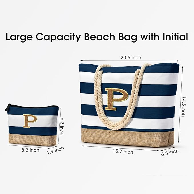 Becokan Beach Bag Initial Beach Tote with Makeup Bag for Travel Work Storage Personalized Birthday Gifts for Women Her