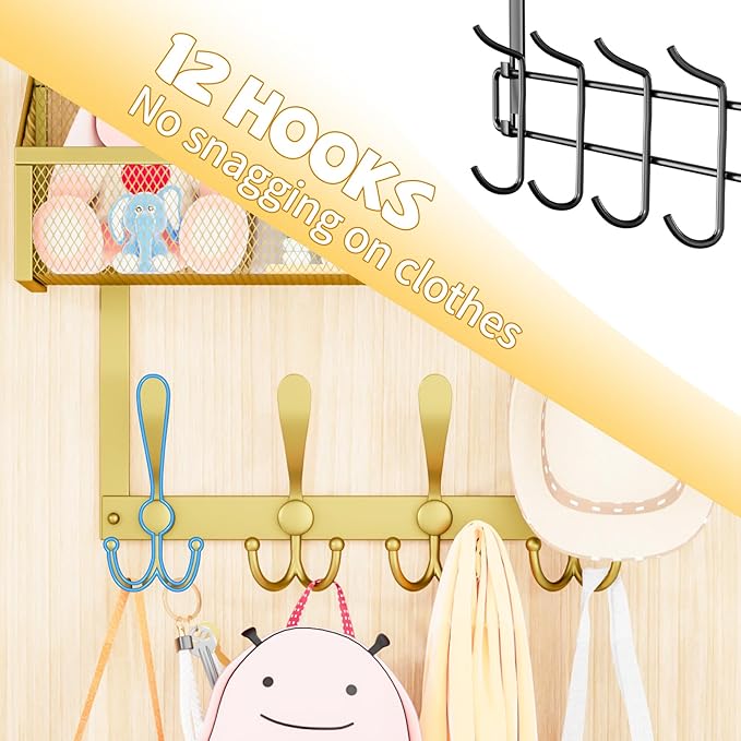 Over The Door Hooks Organizer, Coat Rack Over The Door Storage Hanger Towel Rack, Back of Storage Organizer for Bathroom,Bedroom,Kitchen,Office(Gold 2-Tier)