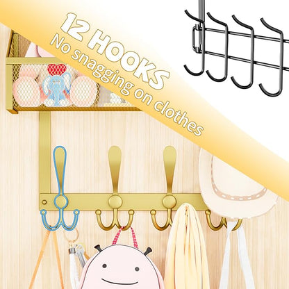 Over The Door Hooks Organizer, Coat Rack Over The Door Storage Hanger Towel Rack, Back of Storage Organizer for Bathroom,Bedroom,Kitchen,Office(Gold 2-Tier)