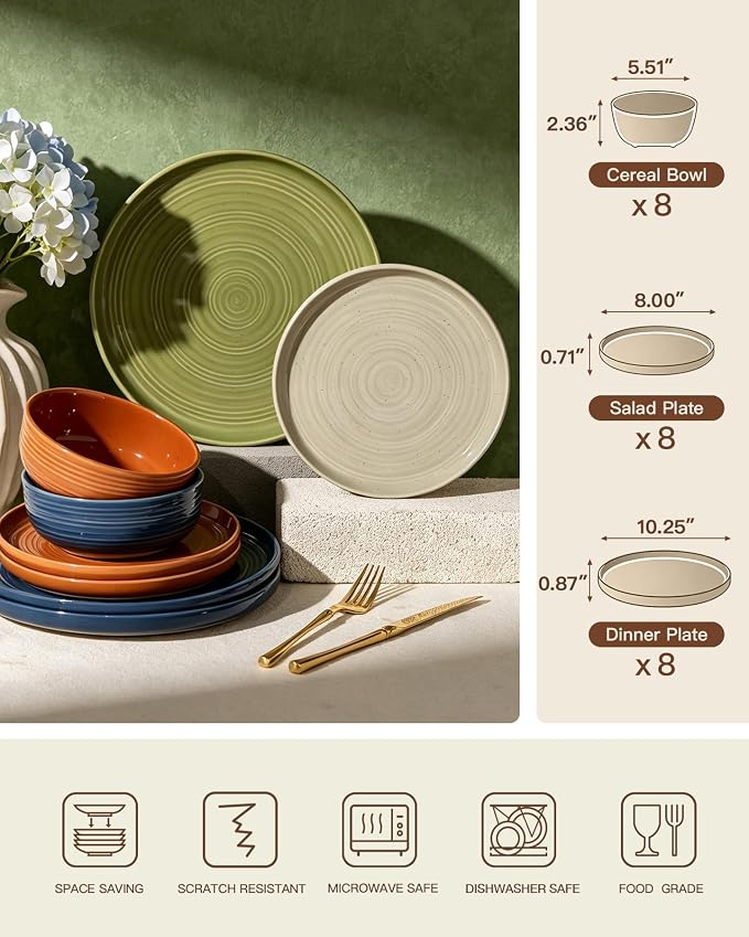 Dinnerware Set for 8, Ceramic Plates and Bowls, Chip & Scratch Resistant