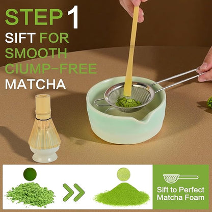 Matcha Whisk Set, 5pcs Japanese Ceremony Matcha Tea Kit Includes Ceramic Matcha Bowl with Spout, Bamboo Whisk & Holder, Traditional Scoop, Stainless Sifter, Gift for Matcha Lovers Beginner
