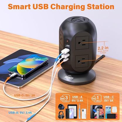 AiJoy Surge Protector Power Strip Tower with 8 Outlets 4 USB Ports(1 USB-C), 10 FT Flat Extension Cord with Multiple Outlets, Charging Tower with Surge Protection for Home Office Dorm Room Essentials