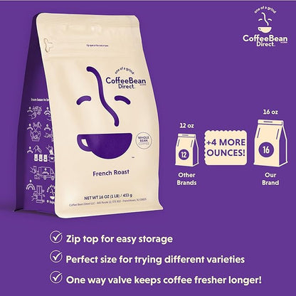 Coffee Bean Direct French Roast, Whole Bean Coffee, Dark Roast, 1 Pound Bag (Pack of 1)