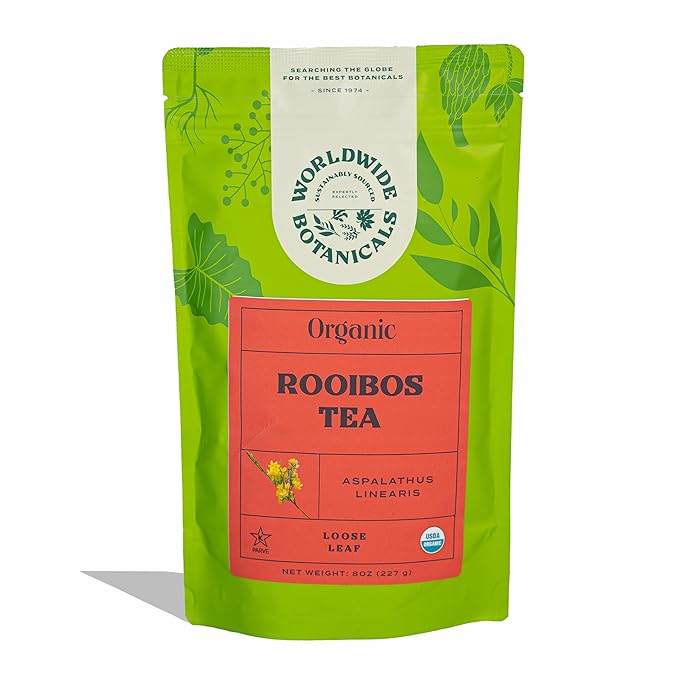 Worldwide Botanicals Organic Red Rooibos Tea – 8oz - 100% South African Aspalathus linearis – Loose Leaf, Cut and Sifted - Resealable Bag for Freshness
