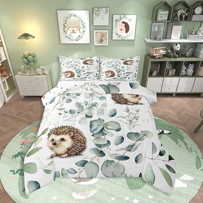 Erosebridal Cute Hedgehog Toddler Comforter Set for Kids Child Green Eucalyptus Bedding Set, Woodland Animal Bedding Comforter Sets Plant Leaves Duvet Set, Cartoon Wildlife Quilted Comforter