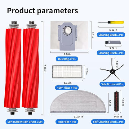 23 PCS Replacement Parts Compatible with Roborock S7 MaxV Ultra Robot Vacuum Cleaner,6 Side Brushes,4 HEPA Filters,4 Dust Bags,1 Cleaning Brush,2 Main Brushes,4 Mop Pads,2 Tools