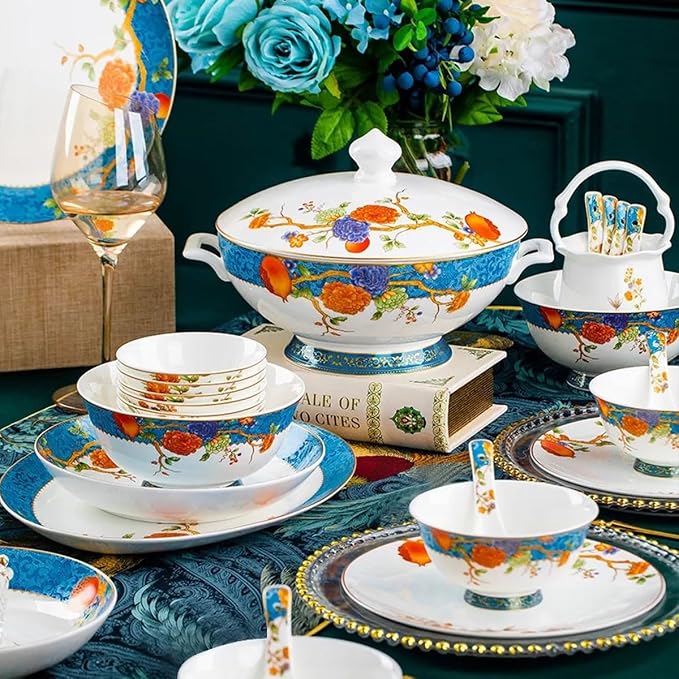 60 Pieces of 10-12 People Bone China Bowl and Plate Dinnerware Set Pomegranate
