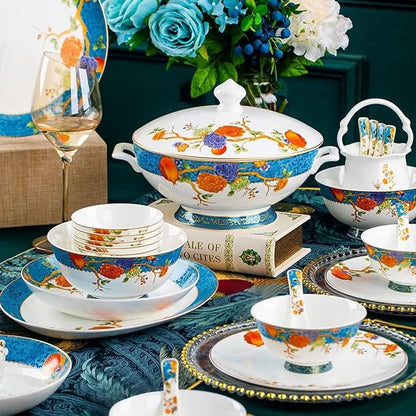 60 Pieces of 10-12 People Bone China Bowl and Plate Dinnerware Set Pomegranate