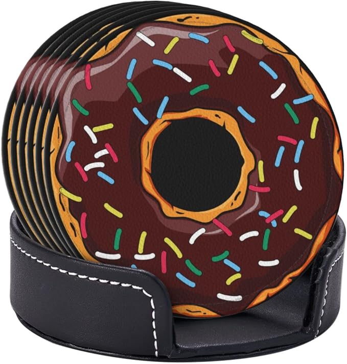 6 Pcs Donut Funny Leather Coasters