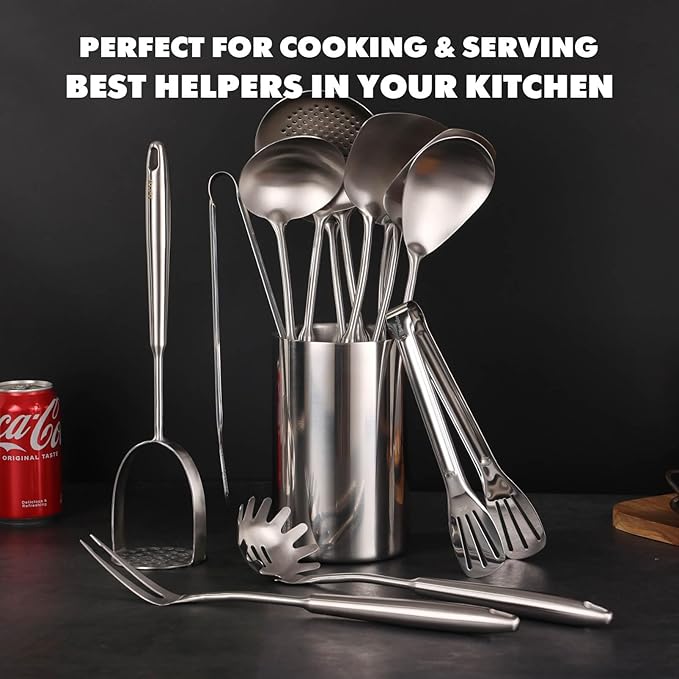 18/10 Stainless Steel Kitchen Utensils Set - 12 PCS All Metal Cooking Tools & 15″ Serving Utensils - Potato Masher, Meat Fork, Tongs, Turner, Pasta, Serving Spoon, Skimmer, Ladle, Spatula Spoon Set