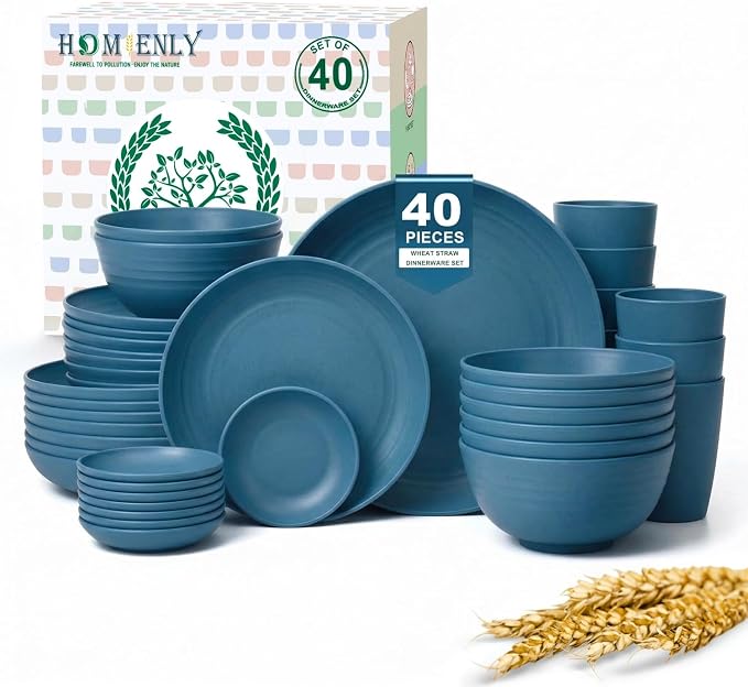 Wheat Straw Dinnerware Sets for 8, Microwave Dishwasher Safe Dish Set, Reusable