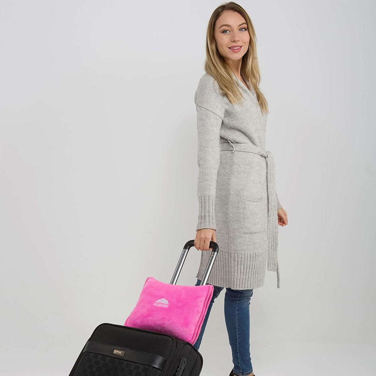 BlueHills Premium Soft Travel Blanket Pillow Airplane Blanket Packed in Soft Bag Pillowcase with Hand Luggage Belt and Backpack Clip, Compact Pack Large 2 in 1 Combo for Any Travel (Pink T004)