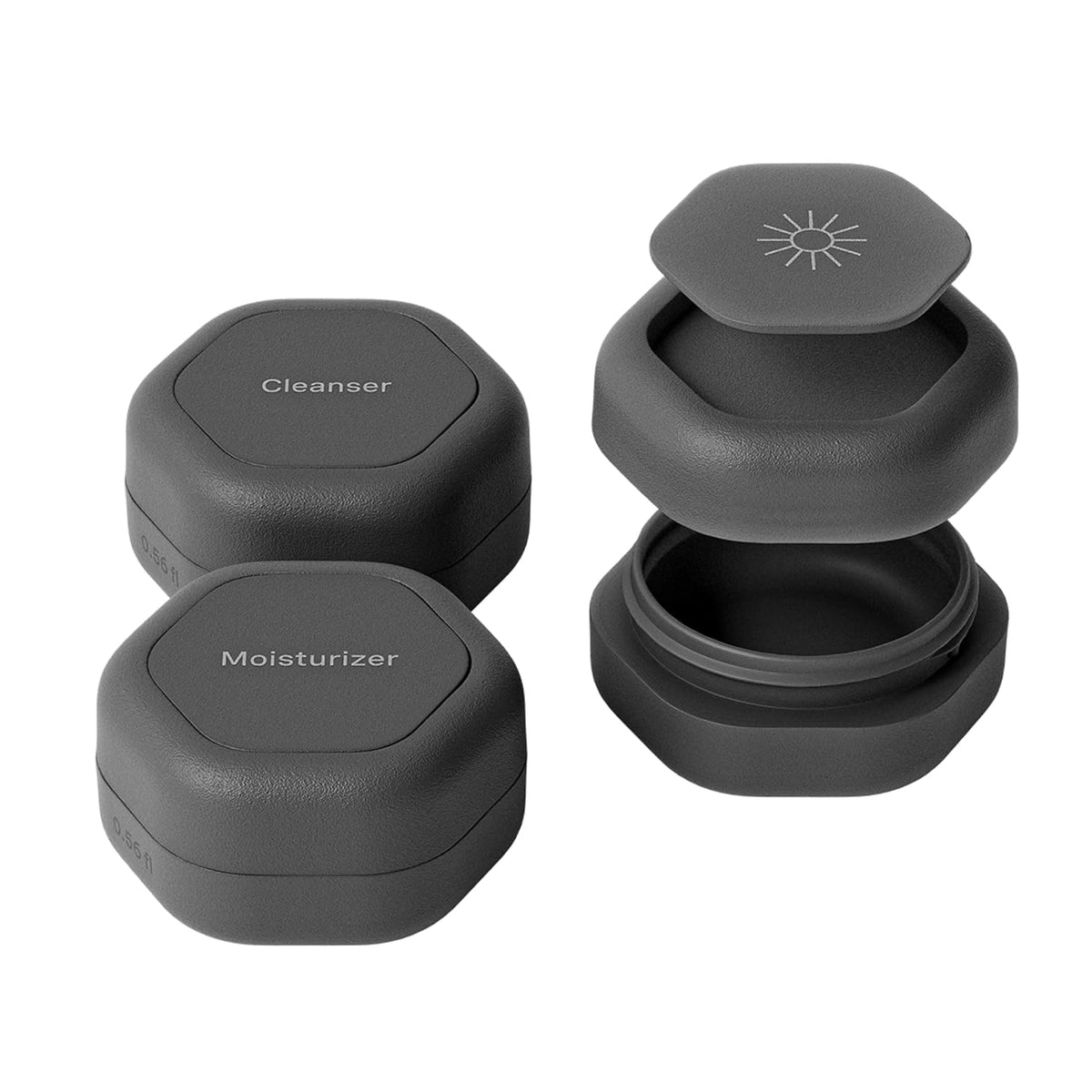 Cadence Travel Containers Basic Skincare Set - Magnetic Containers with Lids,Carry On Travel Essentials For Women/Men - 3 Small Capsules (0.56oz) - Cleanser, Moisturizer & Sun-Icon Labels - Charcoal