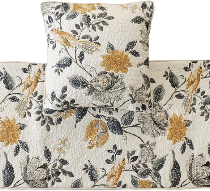 The HomeCentric King/Queen/Twin Blue & Ivory Designer Twin 53"x18" Bed Runner with Pillow Cover, Bird, Pearl & Quilted Bed Scarf on Linen Fabric - Vintage Birdena