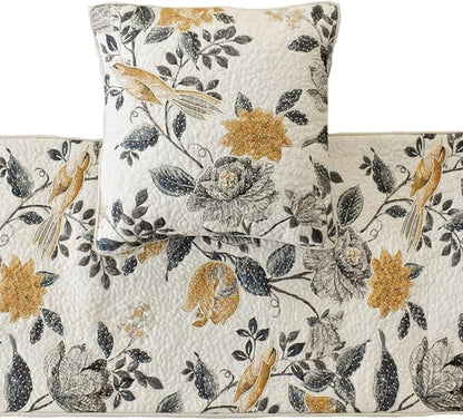 The HomeCentric King/Queen/Twin Blue & Ivory Designer Twin 53"x18" Bed Runner with Pillow Cover, Bird, Pearl & Quilted Bed Scarf on Linen Fabric - Vintage Birdena