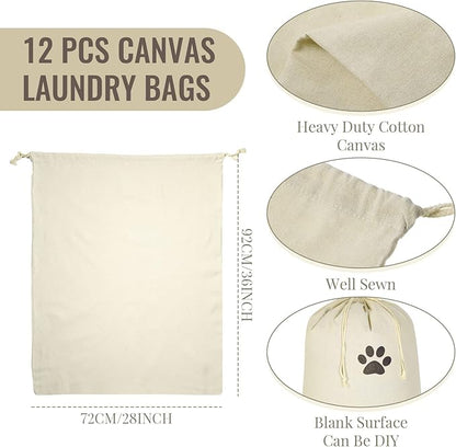 12 Pieces 28" x 36" Canvas Laundry Bags Bulk Large Cotton Laundry with Drawstring Heavy Duty Hamper Liner Washable Dirty Clothes Santa Bag for Travel Household
