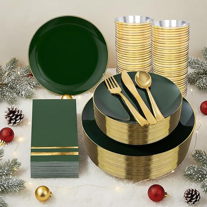 NOCCUR 350PCS Green Plastic Plates - Disposable Green Gold Dinnerware Set for 50 Guests, 100 Dinner/Dessert Plates, 150 Gold Silverware, 50 Cups&50 Napkins for Party/Wedding/Birthday/Christmas