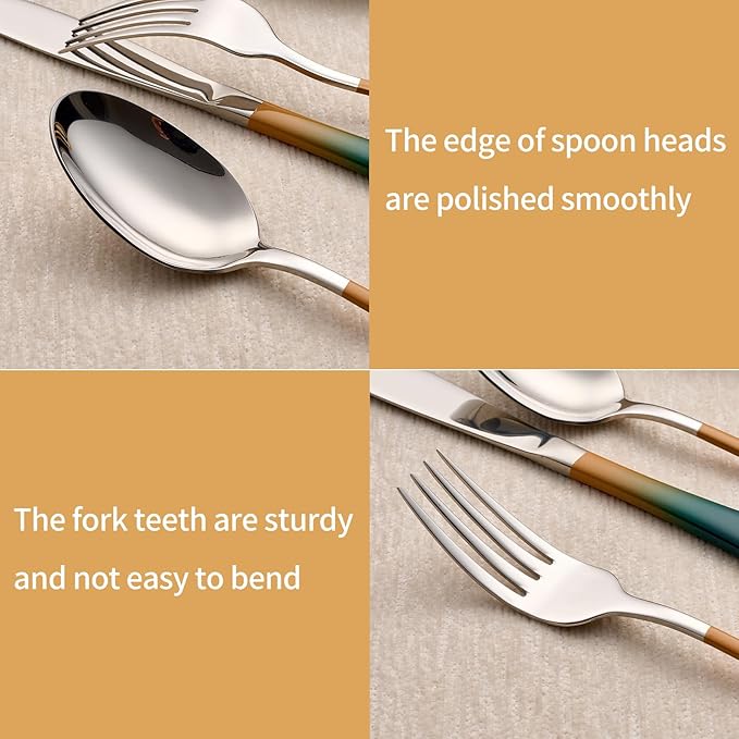 20-Piece Green Orange Silverware Set 18/0 Stainless Steel Silverware Set Green Orange Handle Cutlery Set Service for 4 Dinner Knives Forks Spoons Set Flatware Set Finish Dishwasher Safe