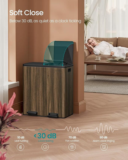 SONGMICS Trash Can, 2 x 8-Gallon Garbage Can for Kitchen, with 15 Trash Bags, 2 Compartments, Plastic Inner Buckets and Hinged Lids, Airtight, Dark Walnut ULTB060N02V1